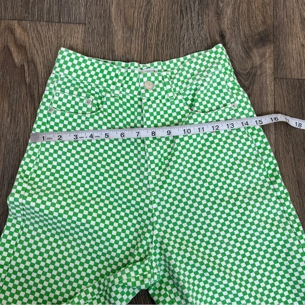 Shekou Women Size XS Linen Green Checkered Straight Leg High Waisted Trousers